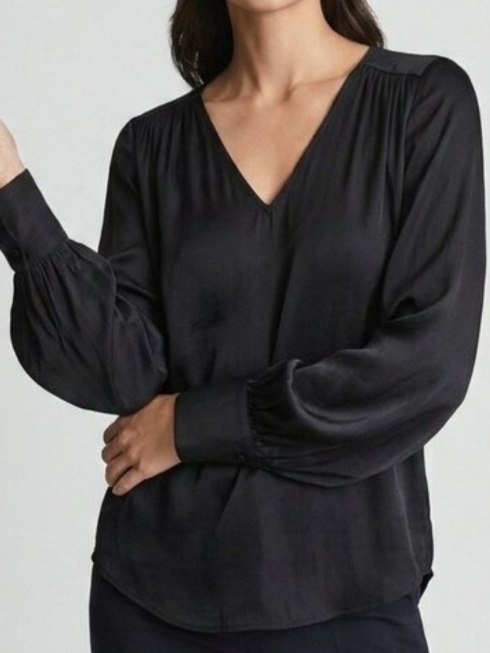 ANTHROPOLOGIE Maison d'Amelie Silky Black V-Neck Long Sleeve Blouse Small - Picture 3 of 13